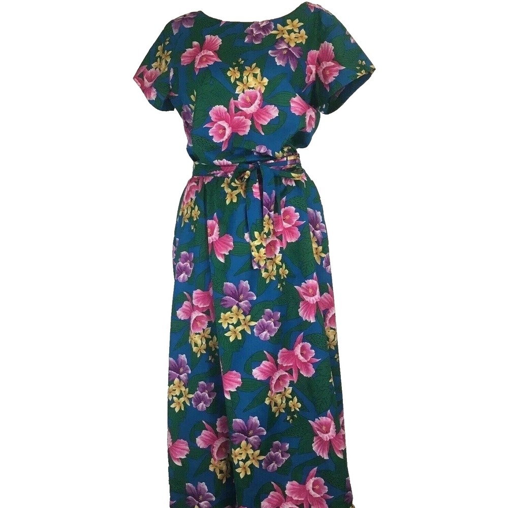 Vtg Hawaiian Wrap Skirt Blouse Set Womens M‎ Blue Floral Aloha Cotton Tiki Luau